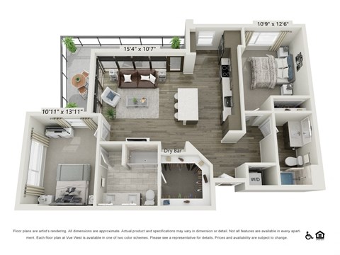 Floor plan for 2 beds, 2 baths, 1121 sqft